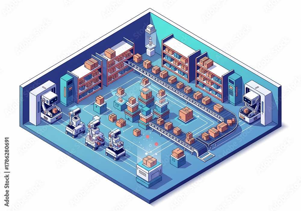 Obraz premium Modern Warehouse Fulfillment Center Isometric Illustration - Tech & Logistics