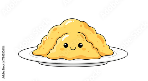 Illustration of smiling dumplings on a plate presenting culinary delights with character showing