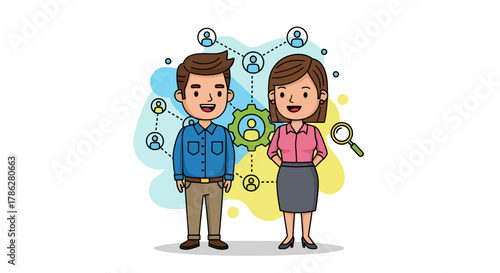 Illustration of business professionals engaged in human resources network activity