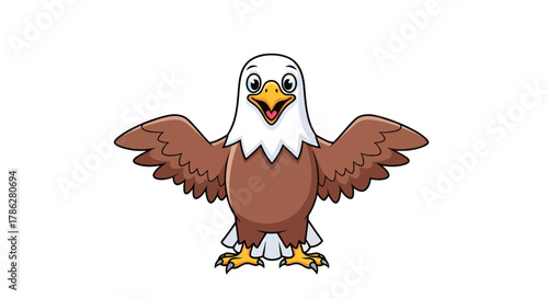 Illustrative cartoon bald eagle with outstretched wings against a plain background ready to take