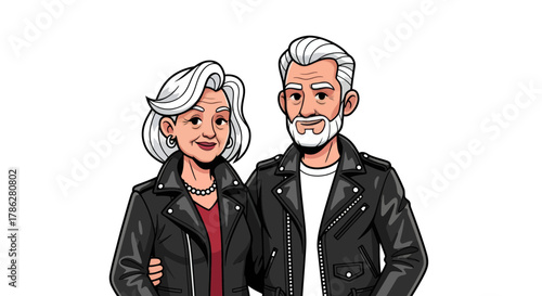 Mature couple embracing youth with modern style, wearing leather jackets and vintage charm