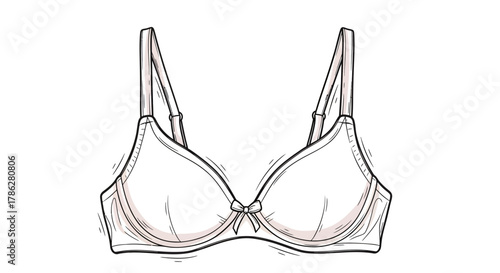Isolated white brassiere with thin straps and a delicate bow, drawn in a simple style for fashion