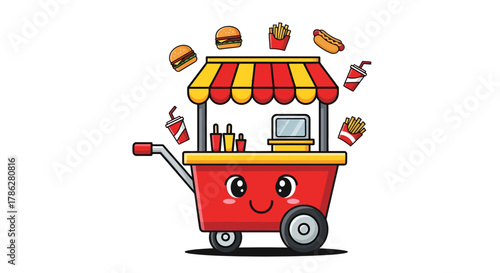 Joyful food cart illustration brimming with burgers fries and refreshing beverages