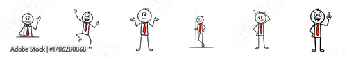 Stick figures expressing various emotions with red ties in sequence  
