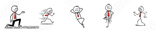 Animated stick figures running and relaxing in various poses  