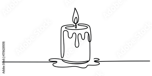 Continuous line art drawing of a burning candle with melting wax