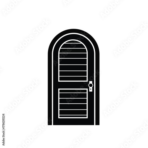 Black arched louvered door with white knob and keyhole