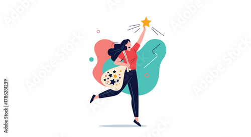 Joyful woman with a star-print tote bag happily running and reaching for a shining star, illustrating the concept of achieving goals, success, and chasing dreams.