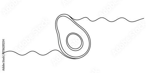 Single line art illustration of a fresh avocado with a seed