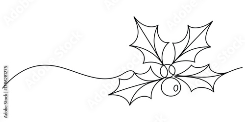 Minimalist continuous line art drawing of a single holly branch