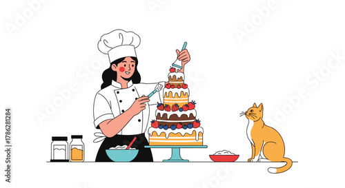 Charming illustration of a female pastry chef in uniform decorating a large tiered cake with berries, while an adorable ginger cat watches her, on a white background.