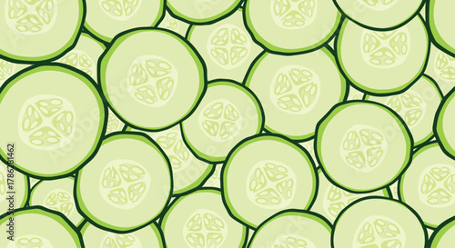 Seamless background pattern of overlapping fresh green cucumber slices, creating a healthy and refreshing texture perfect for food-related packaging, advertising, or spa themes.
