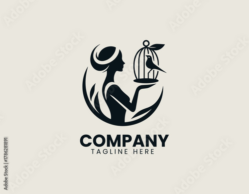 Elegant woman silhouette vector logo illustration holding antique birdcage with caged bird inside. Freedom and beauty concept
