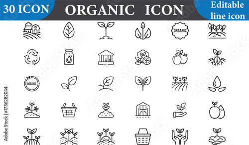 Organic icon set isolated on white background, editable line icon style