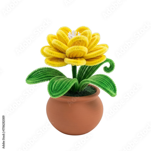 Yellow Pipe Cleaner Flower in Pot isolated on a transparent background