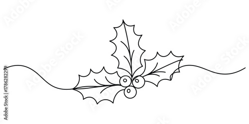 Continuous line drawing of festive holly leaves and berries design