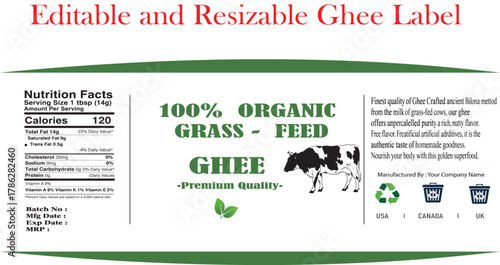 Editable and resizable ghee label with nutritional information and cow illustration.