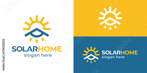 Creative simple solar home logo template. Sun with abstract home for Ecosource logo design vector illustration.