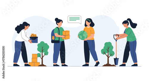Group of diverse female volunteers working together on environmental and community projects like planting trees and donating goods, promoting teamwork and social responsibility.