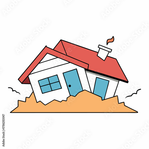 “Cracked walls, shattered windows, and tilted roofs—houses tremble as the earthquake strikes. Dust rises, bricks fall, and lives pause in fear as structures struggle to stay standing.”