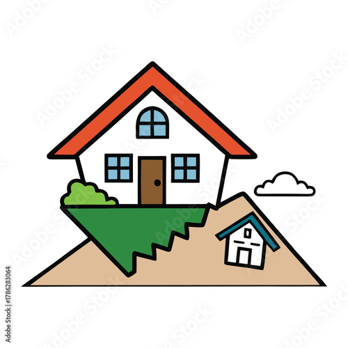 “Cracked walls, shattered windows, and tilted roofs—houses tremble as the earthquake strikes. Dust rises, bricks fall, and lives pause in fear as structures struggle to stay standing.”