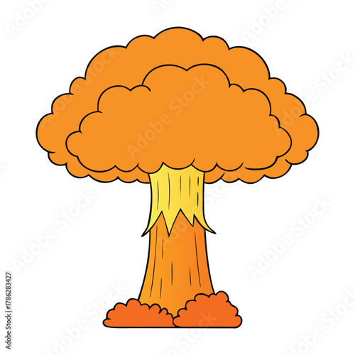 A massive nuclear explosion rises into a dark mushroom cloud, glowing with fiery force, shockwaves rippling through the sky, casting fear, destruction, and a haunting reminder of immense power.