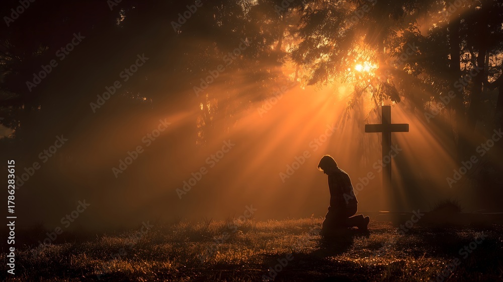 Fototapeta premium Man kneeling in prayer at sunrise with cross and sunbeams