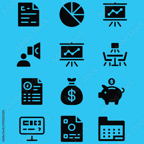 Business and Finance Icon Set Featuring Data Analysis and Investment Solutions for Modern Growth Str