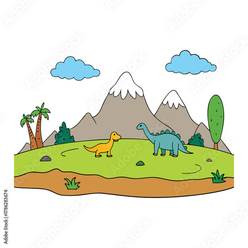 A wild prehistoric landscape with towering volcanoes, giant ferns, misty swamps, roaming dinosaurs, rocky cliffs, roaring rivers, and an ancient sky glowing with the untouched beauty of early Earth.