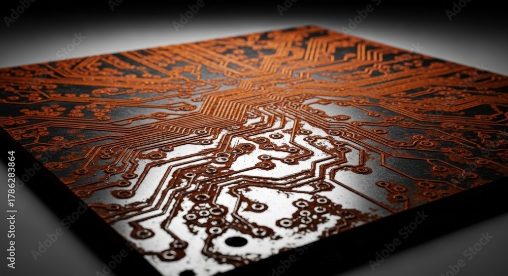 Fototapeta premium Intricate copper circuit board symbolizing complex technology and data flow