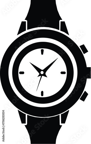 Wrist watch vector illustration, black and white time piece graphic design icon.