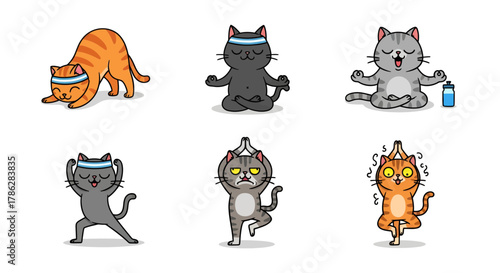 Humorous illustration of cats practicing yoga poses with different expressions and headband