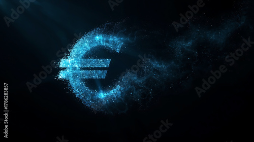 Digital euro symbol shimmering with blue light particles against a dark background creates a futuristic finance concept