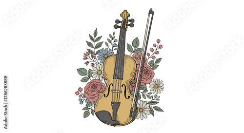 Illustration of a classical violin instrument surrounded by flowers, creating a tranquil and