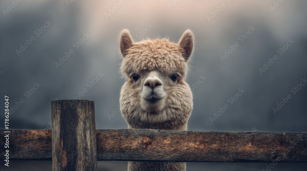 Naklejka premium Curious alpaca looking over wooden farm fence