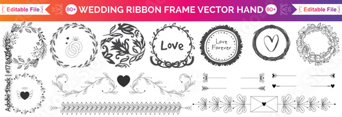 Wedding ribbon frame, doodle watercolours bow border set, vector hand, Set of gold vintage frame and corners icon. Vector illustration.