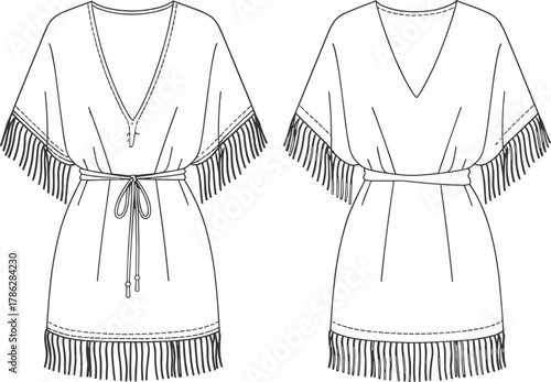 Bohemian fringe kimono dress flat fashion sketch, V-neck short sleeve belted tunic design, stylish women apparel vector illustration design
