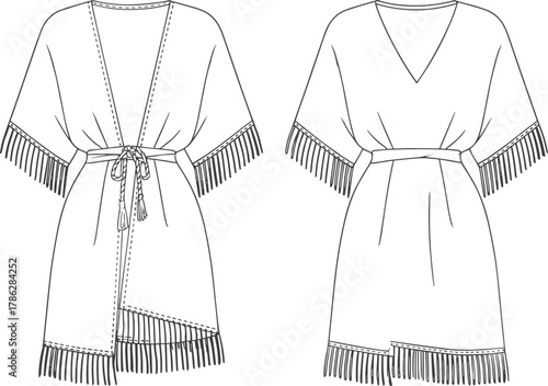Bohemian kimono dress fashion flat sketch, short sleeve belted cover up with fringe hem, stylish women apparel vector illustration design