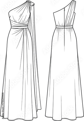 Elegant one shoulder evening gown fashion flat sketch, long draped dress with waistband and flowing fabric, detailed front and back illustration