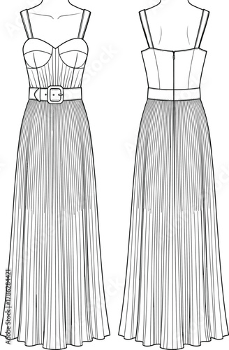 Elegant sleeveless belted long dress fashion flat sketch, feminine flared midi dress design with fitted bodice, stylish apparel illustration, vector drawing