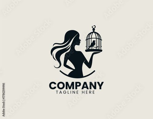 Elegant woman silhouette vector logo illustration holding antique birdcage with caged bird inside. Freedom and beauty concept