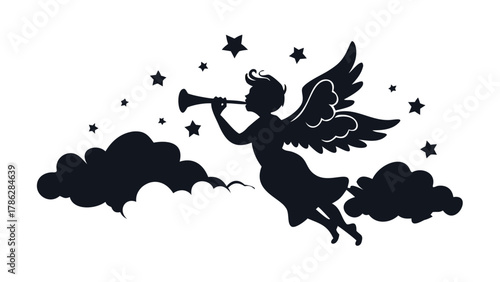 Heavenly angel silhouette blowing a trumpet surrounded by clouds and stars