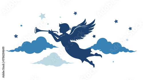 Heavenly angel silhouette blowing a trumpet surrounded by clouds and stars