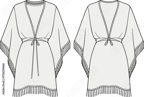 Bohemian fringe kimono dress flat fashion sketch, V-neck short sleeve belted tunic design, stylish women beachwear vector illustration design