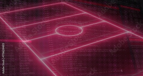 Showing neon magenta holo pitch grid with center circle midfield line goal areas, code overlays
