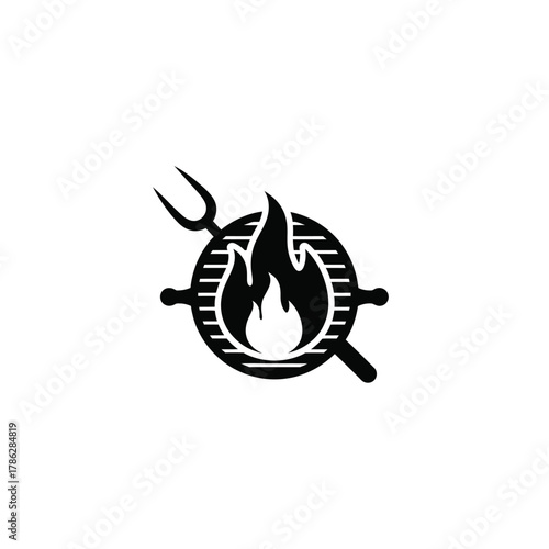 Black barbecue grill with flames and fork icon fire