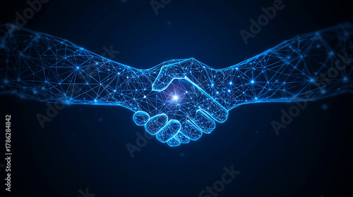 Digital Handshake with Blue Glowing Network Technology Represents Collaboration Partnership and Agreement