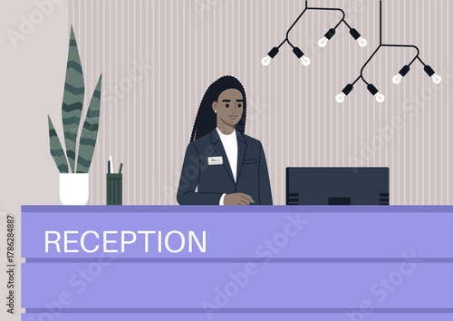 A receptionist stands at a stylish front desk, ready to assist visitors. The space is adorned with unique lighting and organized office supplies, creating a warm environment for guests.