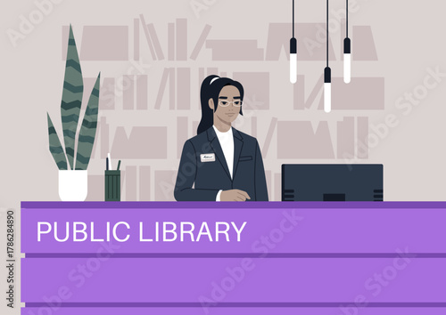 A public library receptionist stands at a stylish front desk, ready to assist visitors, The space is adorned with unique lighting and organized office supplies