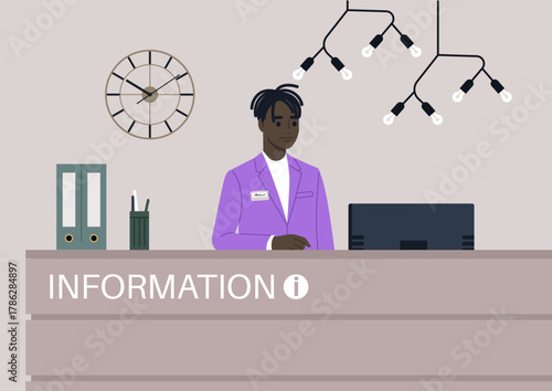 A receptionist stands at a stylish front desk, ready to assist visitors, The space is adorned with unique lighting and organized office supplies, creating a warm environment for guests.